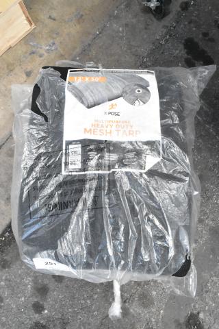 Brand new Xpose BMT-1250 black heavy-duty 12' x 50' mesh tarp, weatherproof, 6.5 oz, in original packaging.