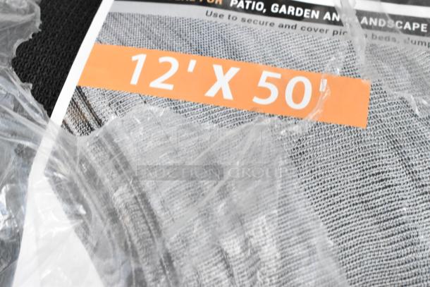 Brand new Xpose BMT-1250 12' x 50' mesh tarp in packaging, labeled "scratch and dent," weatherproof black material.