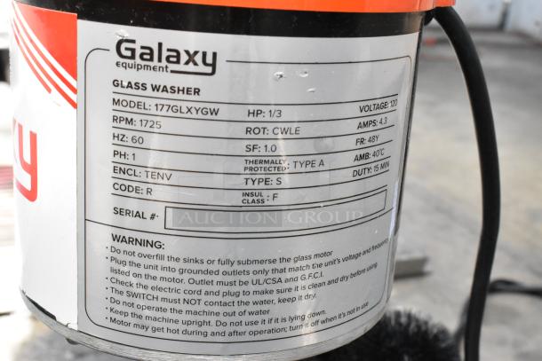 BRAND NEW Galaxy 177GLXYGW Upright Five Brush Electric Glass Washer, 120V, 1 Phase, with specifications and warning label visible.