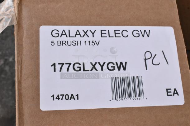 Alt text: Galaxy 177GLXYGW Electric Glass Washer label on cardboard box, 5 brush, 115V, SKU: 1470A1, PCI note visible.