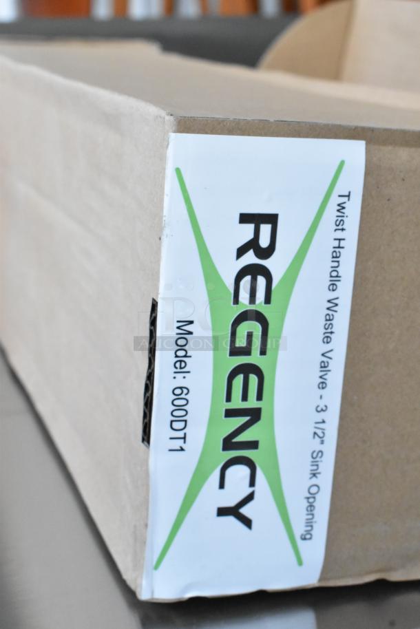 Brand new Regency 600DT1 twist handle waste valve, 3 1/2" sink opening. Package shows model and brand label.