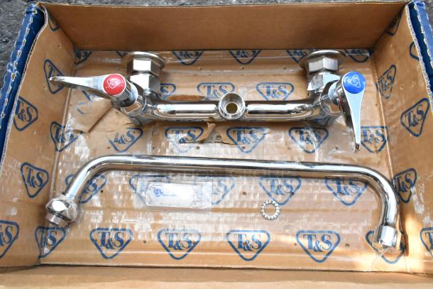 Brand new T&S B-0231-CR wall mounted pantry faucet with 8" centers, 12" swing nozzle, Cerama cartridges. Some scratches.