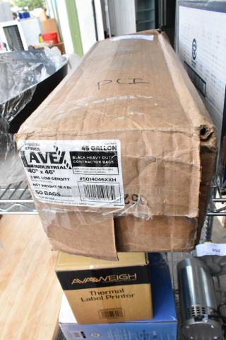 Box of Lavex 5014046XXH Pro 45 Gal 3 Mil black trash bags, 50 per case, new with scratch and dent.