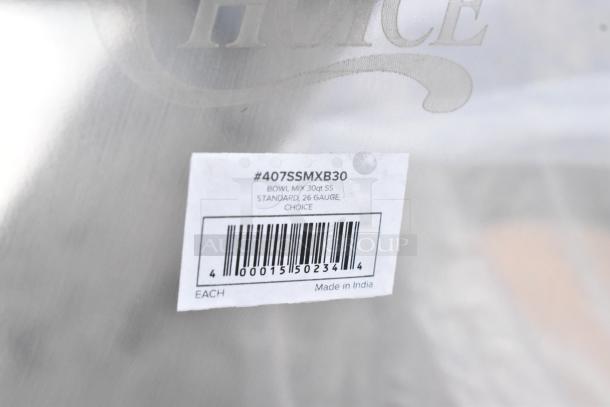 Stainless steel mixing bowl, model 407SSMXB30, 30 qt, 26 gauge, scratch and dent, label shows "Made in India".