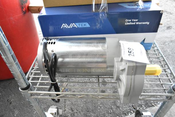 Brand new Hengyi HY-349 motor, 120 volts, 1 phase, with minor scratches. Includes warranty box and auction tag number 258.