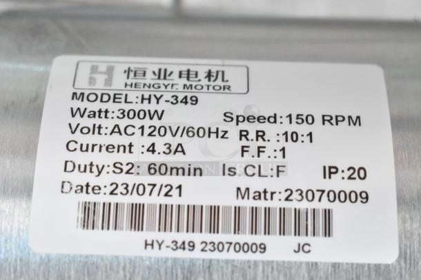 BRAND NEW Hengyi HY-349 Motor, 300W, 120V, 1 Phase, 4.3A, scratch and dent condition. Model, specs, and date label visible.
