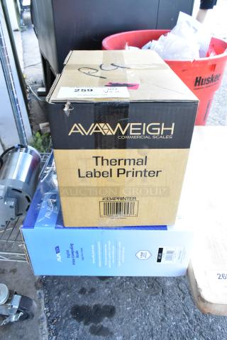 Brand new AvaTek PCS40 scale and AvaTek 334PRINTER thermal label printer, in original packaging, slightly dented boxes.