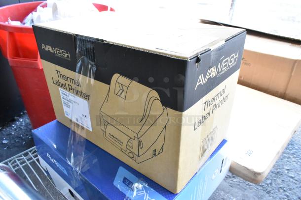 Brand new AvaTek PCS40 scale and AvaTek 334PRINTER thermal label printer boxes, scratch and dent condition.