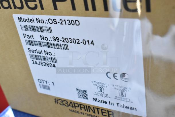 AvaTek 334PRINTER Thermal Label Printer box with model OS-2130D, part 99-20302-014, serial 24J52604, Made in Taiwan.