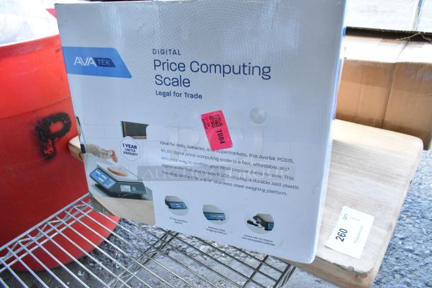 Brand new AvaTek PCS40 40 lb. digital price computing scale in box, legal for trade. Includes thermal label printer. Box shows minor dents.