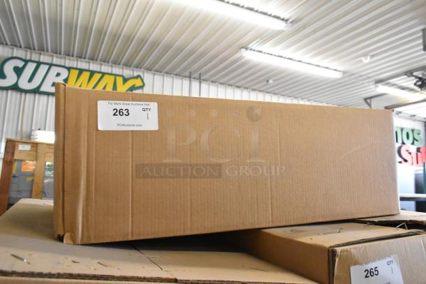 Brand new Prince Castle 464-B toaster, 13-inch stainless steel, box with slight damage. Tag reads "263, QTY 1" from PCIAuctions.com.