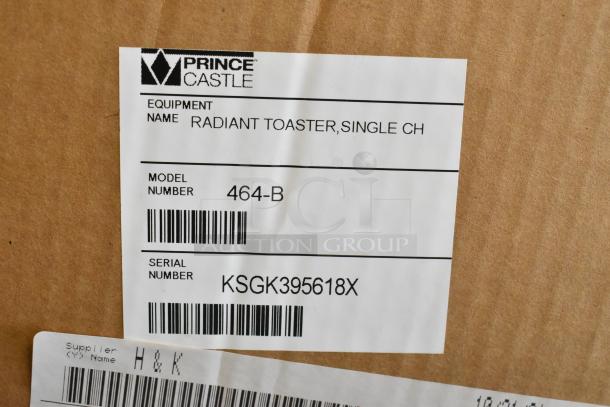 Prince Castle 464-B Stainless Steel Toaster, 13" Single Chamber, Brand New Scratch and Dent. Label shows model and serial number.