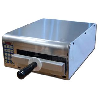 Brand new Prince Castle 464-B stainless steel toaster, single chamber front loader, 13-inch, with minor scratches and dents.