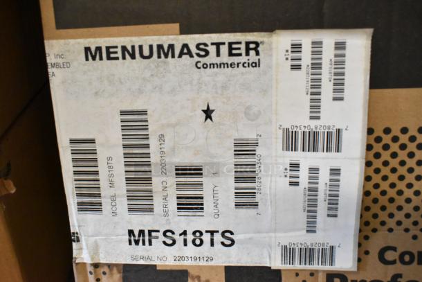 BRAND NEW 2022 Menumaster MFS18TS Stainless Steel Commercial Microwave Oven. Scratch and dent. Model and serial numbers visible.