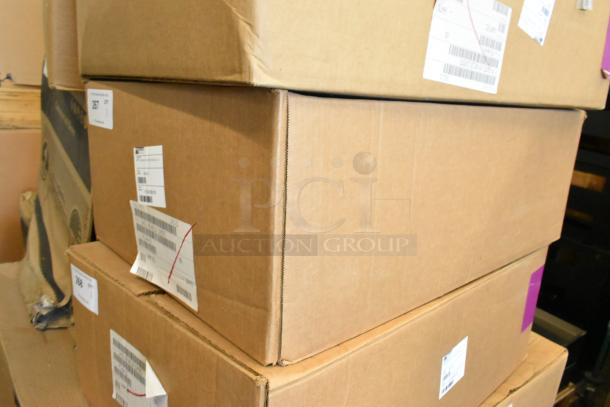 Cardboard boxes containing a Prince Castle 464-B Stainless Steel 13 Inch Toaster, brand new with minor dents. Labels visible.