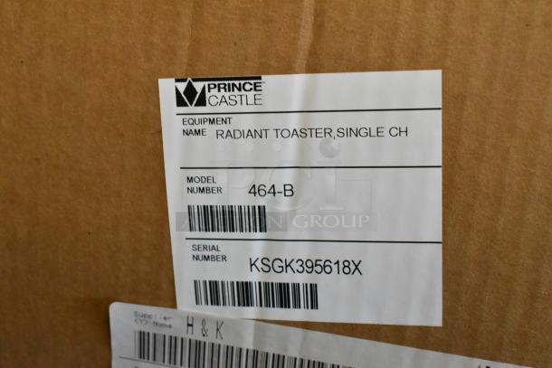 Prince Castle 464-B stainless steel toaster, single chamber, brand new scratch and dent, model label visible.