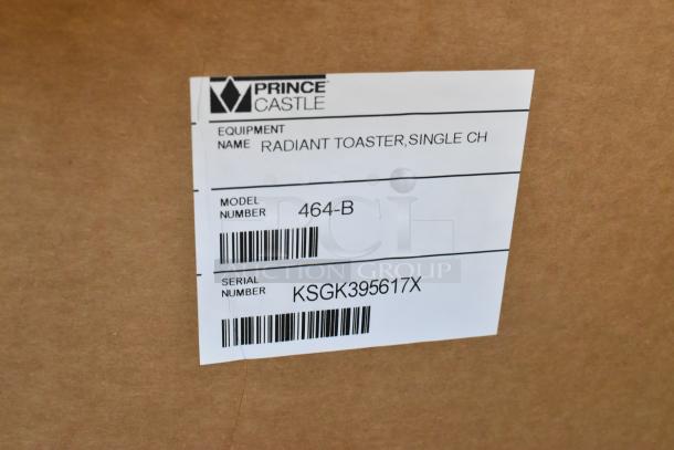 Prince Castle 464-B stainless steel toaster label; single chamber, model 464-B, serial KSGK395617X. Condition: scratch and dent.