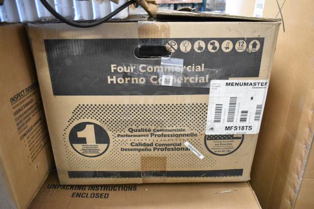 BRAND NEW Menumaster MFS18TS commercial microwave in box. Stainless steel, touchpad controls, scratch and dent condition. 208-240V.