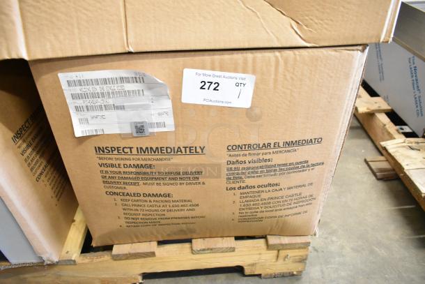 Cardboard box containing a brand new Prince Castle EHB24F2-JIB16 stainless steel holding bin. Box shows shipping labels and handling instructions.