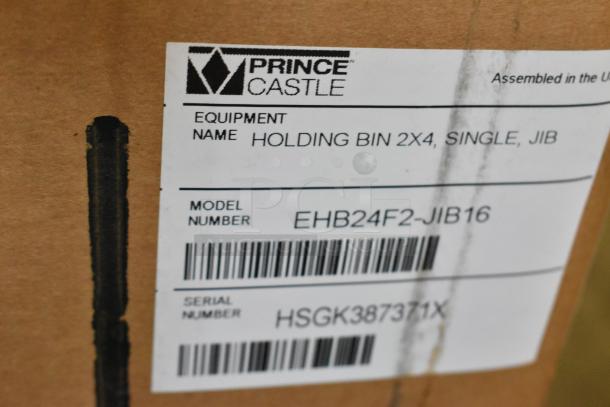 Label on Prince Castle EHB24F2-JIB16 stainless steel holding bin. Model and serial numbers visible. New, scratch and dent condition.