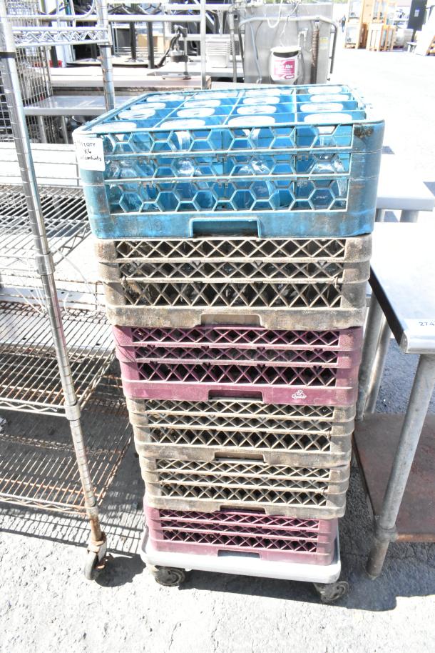 6 poly dish caddies on dolly with stemmed glassware. Includes blue and purple caddies, labeled with contents.
