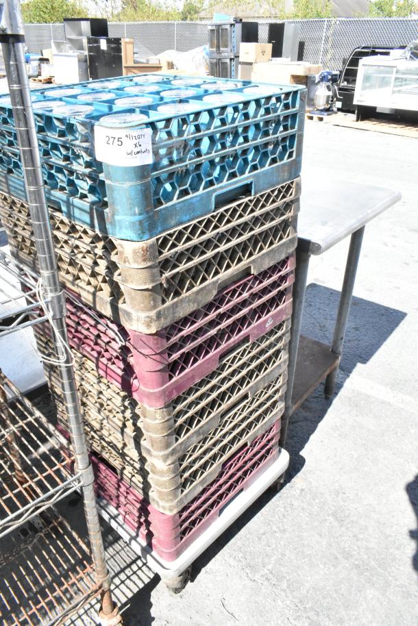 6 Poly dish caddies on a dolly with varied stemmed glassware. Includes visible wear. Label: "275" with contents list.