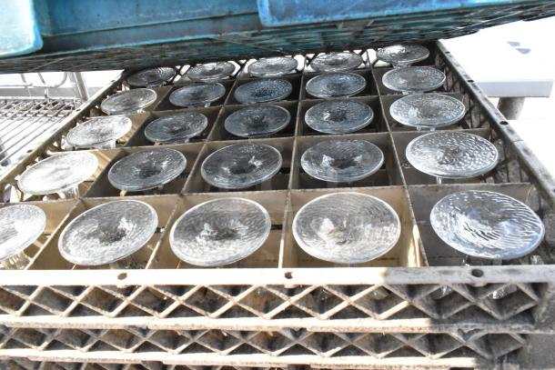 6 Poly dish caddies on a dolly, holding multiple stemmed glasses. Structurally intact with visible grid pattern.