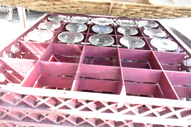 Six poly dish caddies on a dolly with stemmed glassware. Red compartments, used for secure transport.