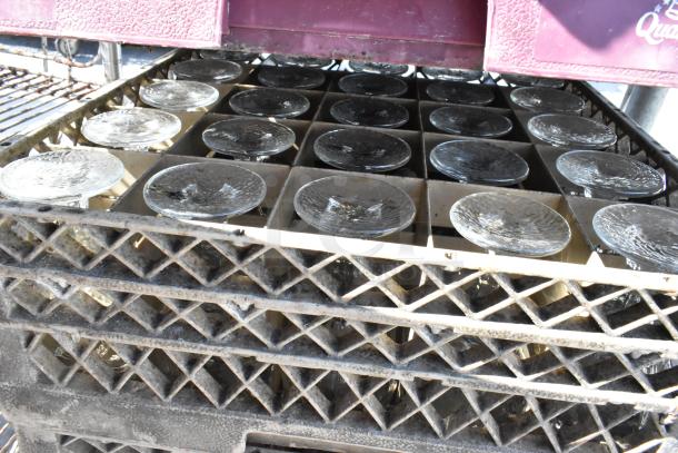 6 Poly Dish Caddies on Dolly with stemmed glassware; used condition, visible dirt on caddies; red cover top.