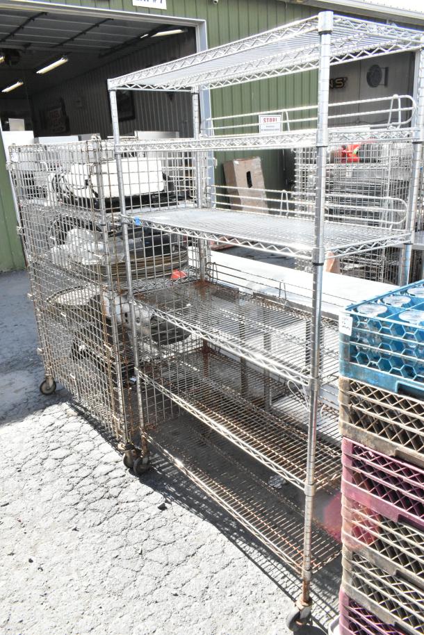 Chrome finish 6-tier wire shelving unit on commercial casters, outdoor setting, buyer must dismantle, freight charges apply.