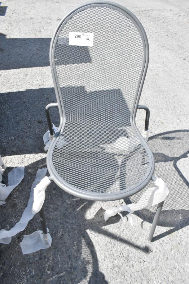 Black metal mesh patio chair, modern design, shown with a label reading "290" on seat. Durable and weather-resistant.