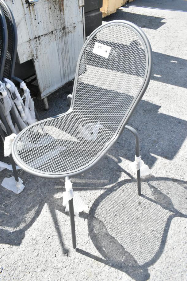 Black metal mesh patio chair, sturdy design, good condition. Auction is for 9 chairs, increasing value per bid.