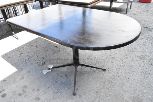 Three dining height tables with a round top and metal pedestal base, dark finish, used condition.