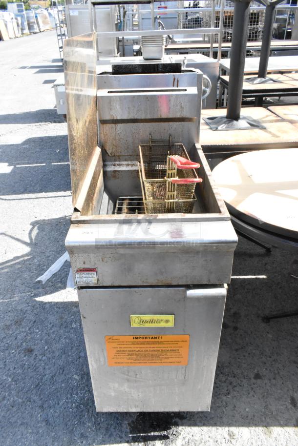 Qualite QL-9/NG commercial gas fryer with 2 baskets, splash guard, 90,000 BTU, stainless steel, labels visible.