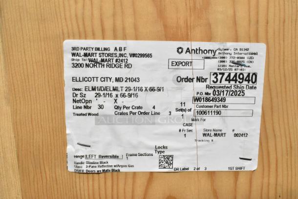 New crate with a label for an Anthony door, dimensions 29-1/16 x 66-9/16. Features matte black finish and slimline black handle.