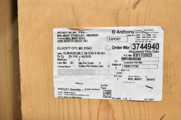 Crate label for three new Anthony doors, size 29-1/16 x 66-9/16. Features black slimline handle and 3-pane reflective glass.
