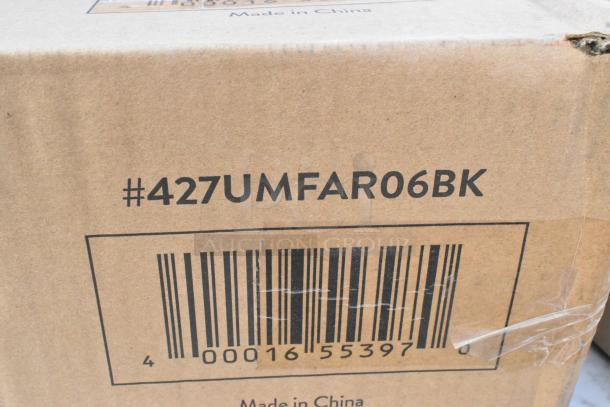 Cardboard box displaying barcode and label "#427UMFAR06BK," indicating contents include new shelf, legs, patio umbrellas.