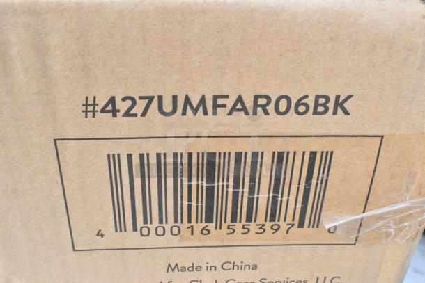 Cardboard box with label "#427UMFAR06BK", barcode, and "Made in China". Contains scratch and dent items like shelves and umbrellas.