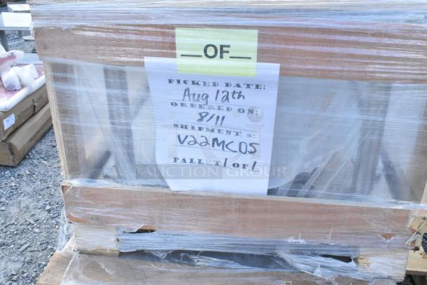 Pallet with 9 brand new scratch and dent items, including a shelf, legs, and patio umbrellas. Label shows pick date: Aug 12th.