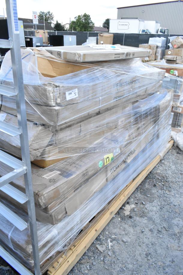 Pallet of 18 scratch and dent items, wrapped in plastic. Includes white cabinet, outdoor table, barstool frame. New condition.