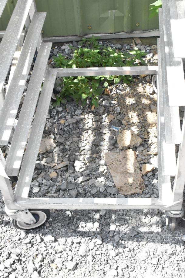 2 metal commercial pan transport racks on commercial casters, durable frame, good condition, ideal for catering use.