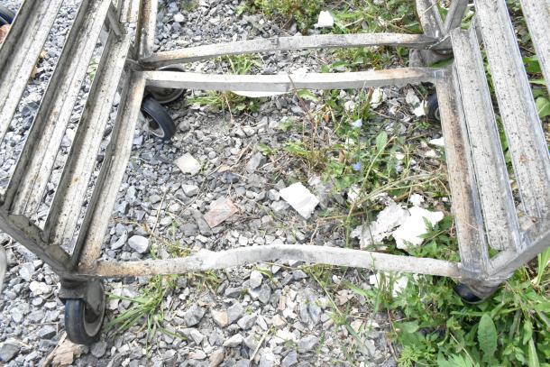 2 metal commercial pan transport racks with commercial casters, showing signs of rust, on gravel and grass surface.
