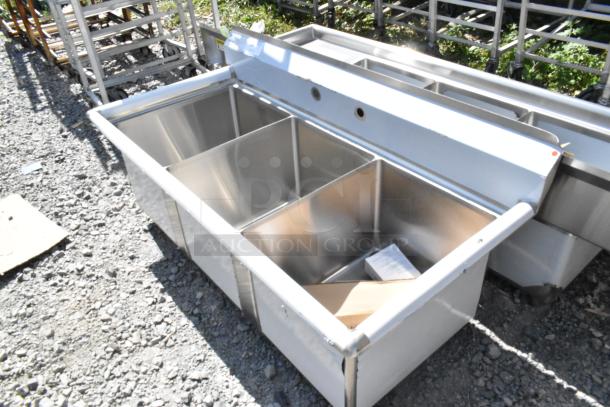 BRAND NEW SCRATCH AND DENT, Advance Tabco FC-3-1620, stainless steel commercial 3 bay sink, slight imperfections.