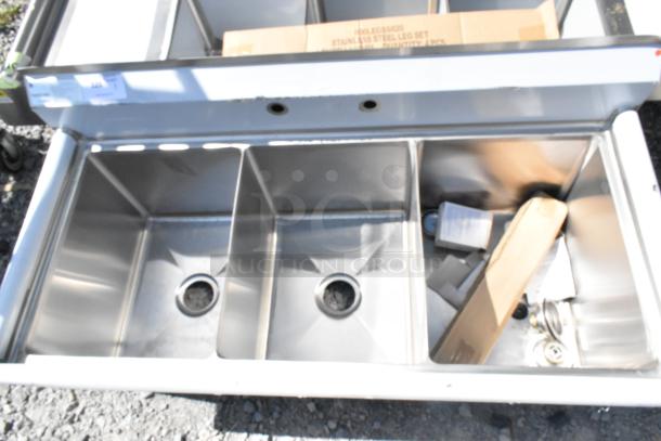 Advance Tabco FC-3-1620 stainless steel 3 bay sink, brand new with minor scratches and dents. Ideal for commercial use. Tags and items in compartments visible.