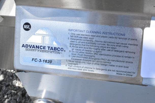 NSF certified Advance Tabco FC-3-1620 stainless steel 3-bay sink label, with cleaning instructions and "Made in China" text.