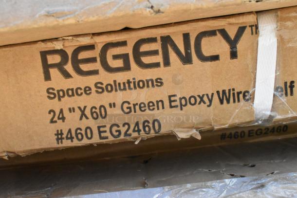 Cardboard box labeled "REGENCY Space Solutions, 24"x60" Green Epoxy Wire Shelf, #460 EG2460." Slight wear visible.