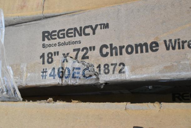 Regency 18"x72" chrome wire shelves in original packaging with minor dents. Model #460EC1872 visible on box.