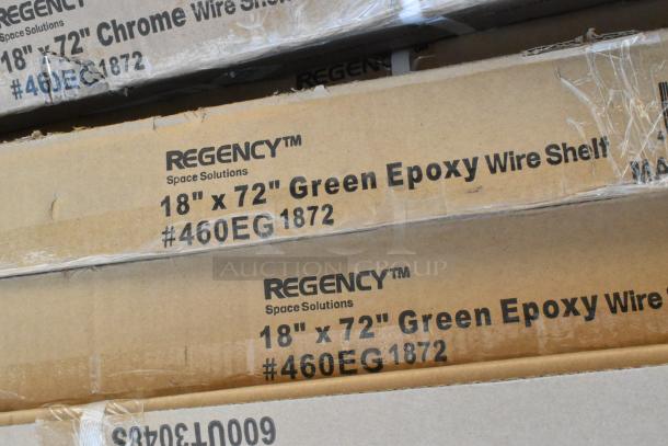 Cardboard boxes labeled "Regency 18x72 Green Epoxy Wire Shelf #460EG1872," showing scratches and dents, packaged for auction.