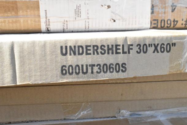 Cardboard packaging labeled "UNDERSHELF 30"X60" 600UT3060S" from The Restaurant Store, indicating a new undershelf item.