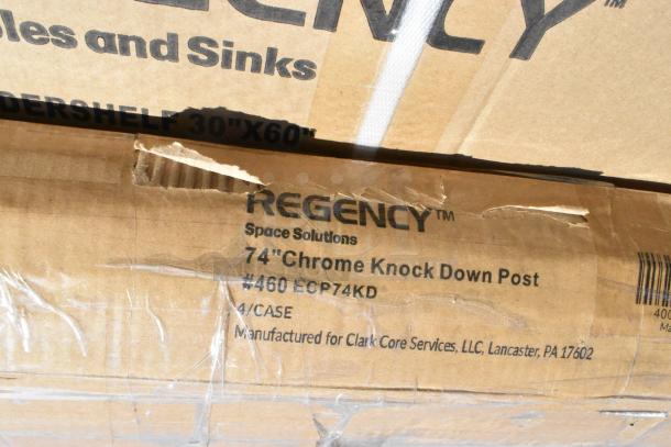 Cardboard box labeled "Regency Space Solutions 74-inch Chrome Knock Down Post." Slight box damage visible.